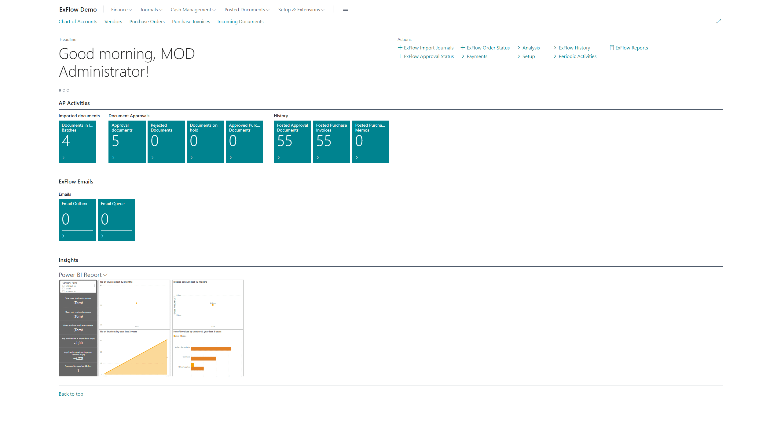 ExFlow dashboard showing at-a-glance AP activities and providing key insights for finance team leaders.