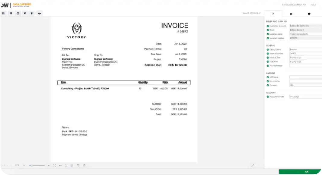 ExFlow interface displaying how ExFlow Data Capture looks like, with project details, consulting service listed, and extracted invoice data shown on the right panel.