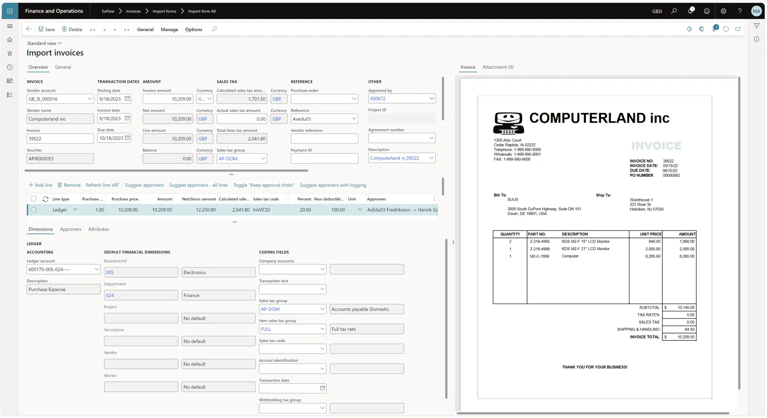 Interface of ExFlow AP for Dynamics 365 Finance & Operations.