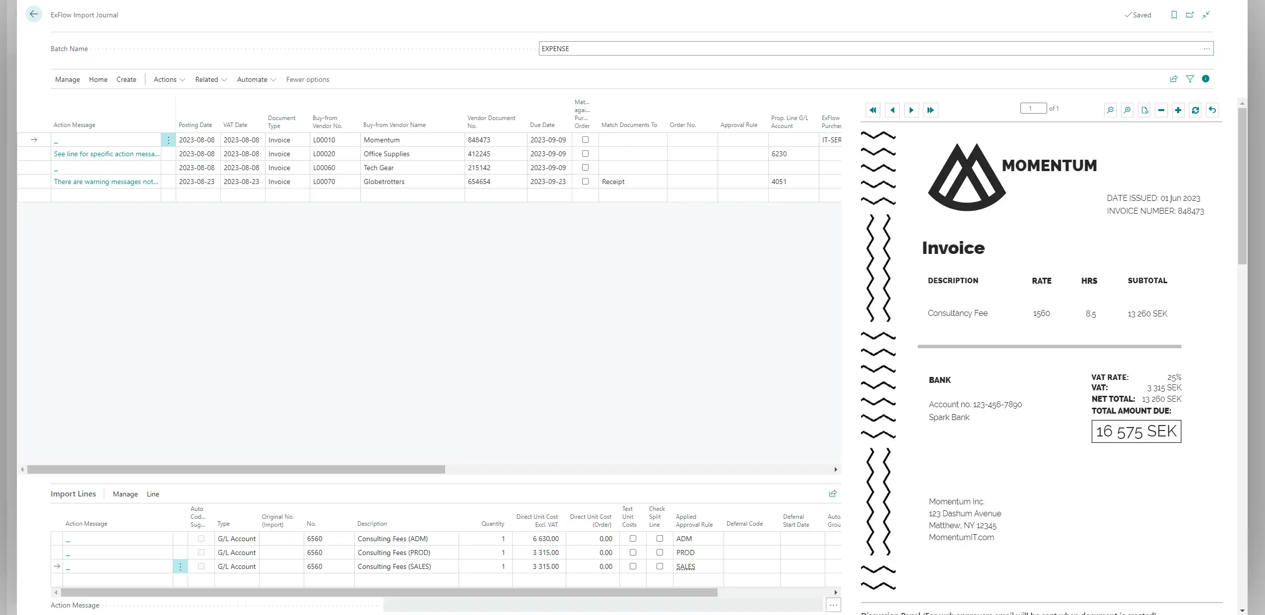 Screenshot of ExFlow AP’s Import & Validation interface in Business Central, highlighting automated invoice data capture and validation features.