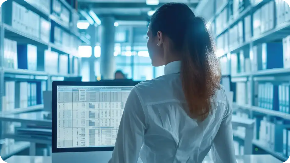 A woman is analyzing data on a computer, surrounded by bookshelves filled with documents.