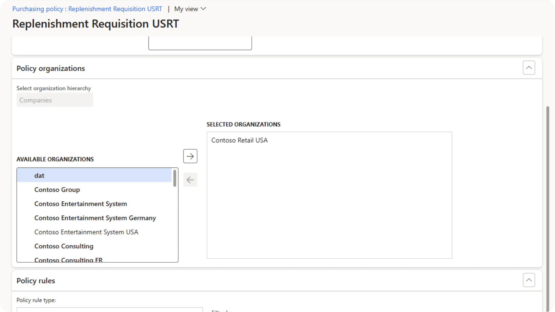 Screenshot of a "Replenishment Requisition USRT" purchasing policy screen. Displays organization selection options with available and selected organizations lists, as well as a section for defining policy rules.