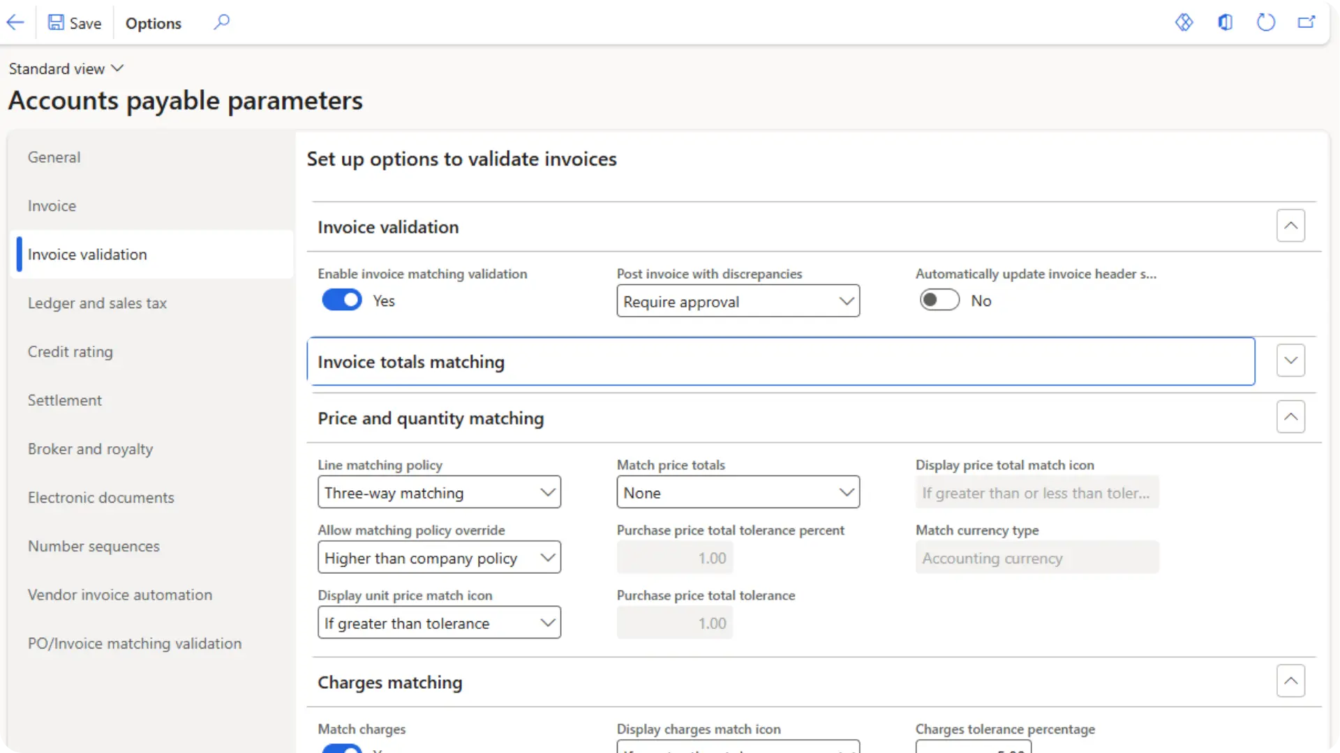 Configuring granular invoice matching and validation options in ExFlow.