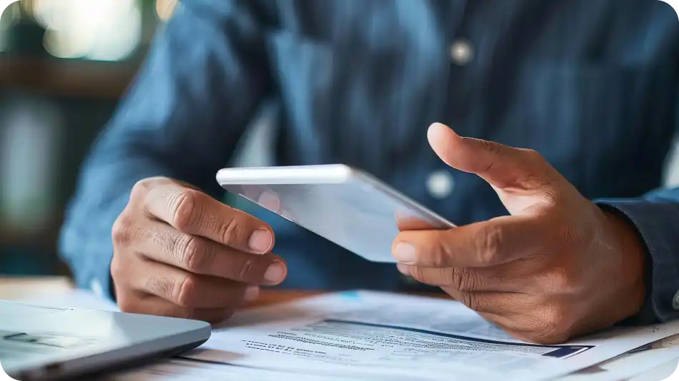 An employee reads an article on the mobile phone.