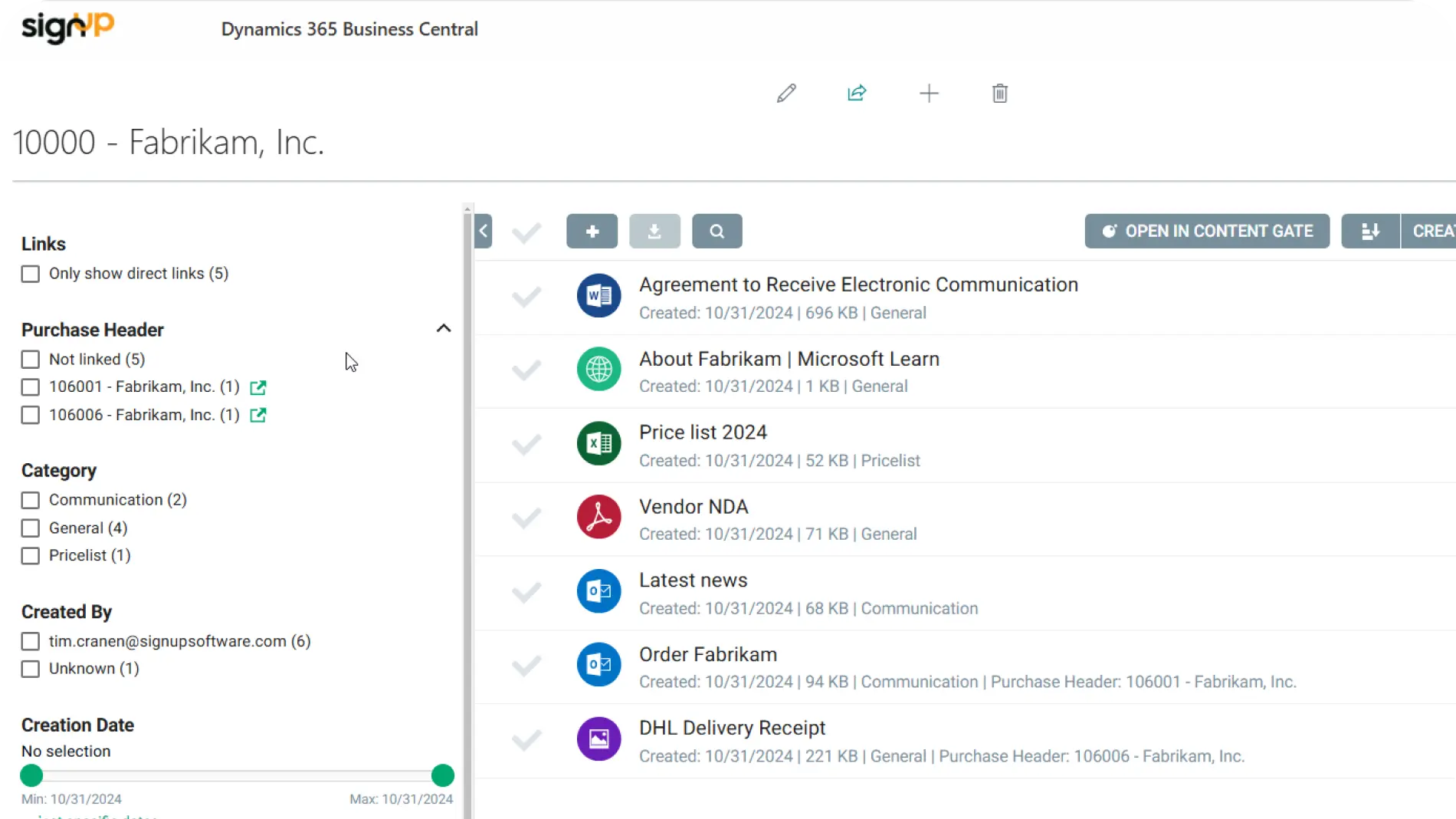 Screenshot of Content Gate for Business Central.