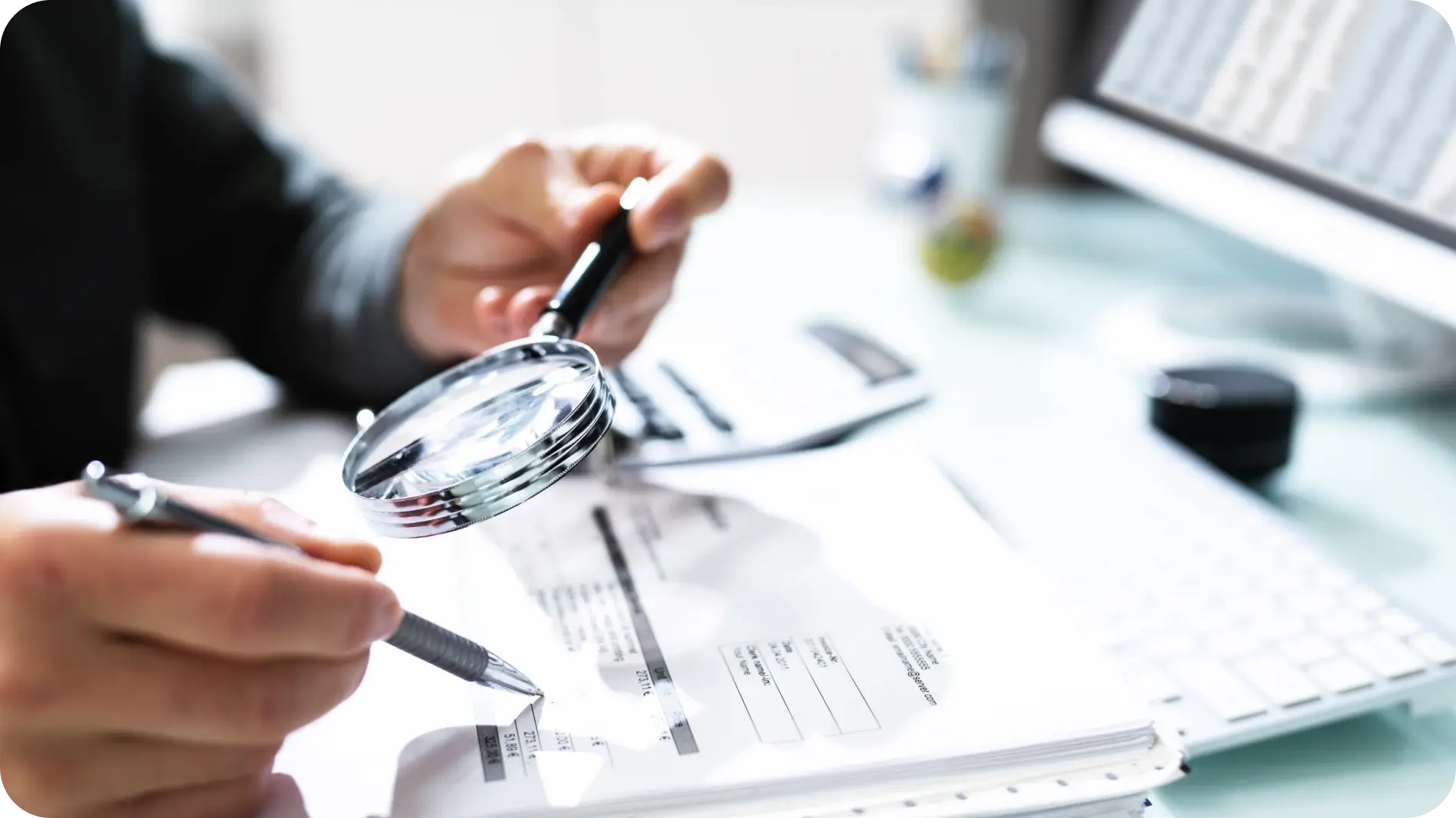 Person sitting with a stack of papers and magnifying glass.