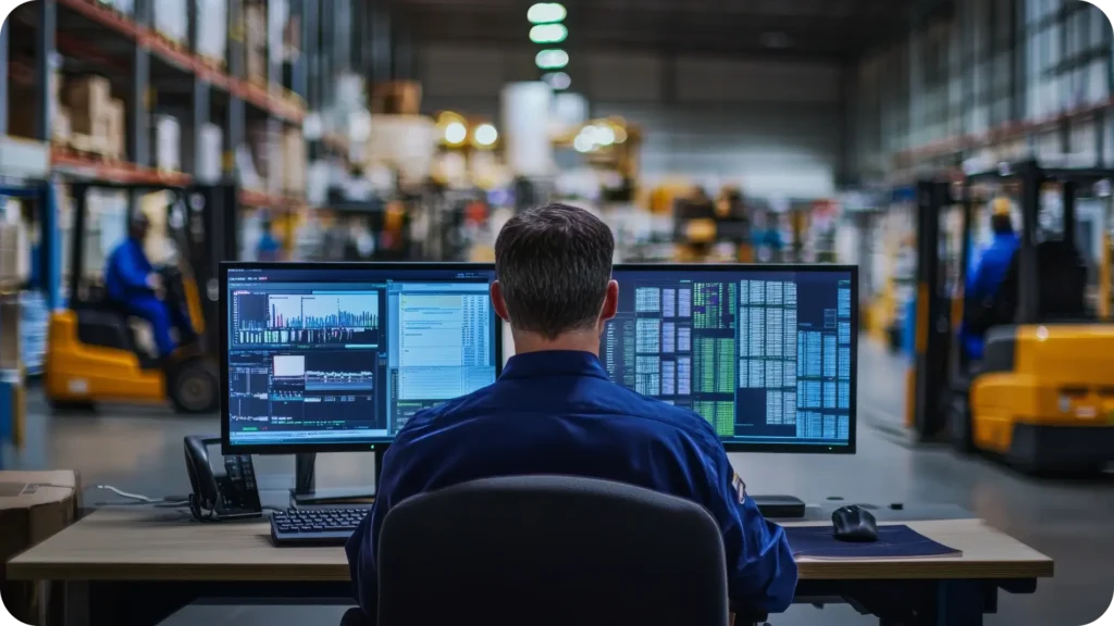 Man sitting in front of desktop screens in a warehouse.
