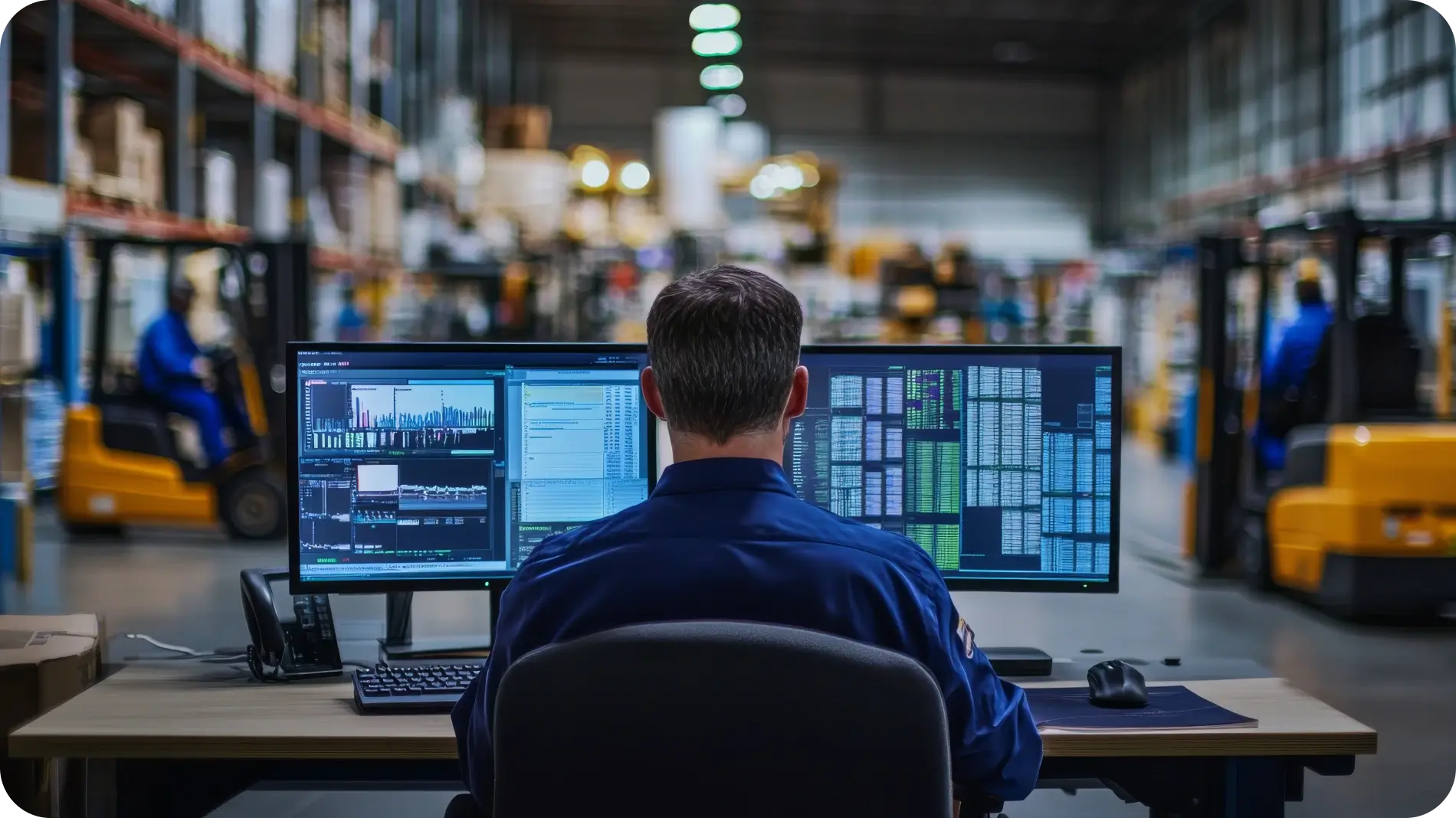 Man sitting in front of desktop screens in a warehouse.