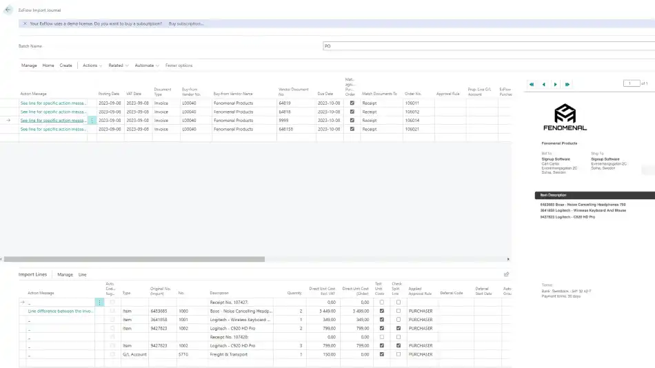 Screenshot of ExFlow AP interface, illustrating the invoice matching feature.