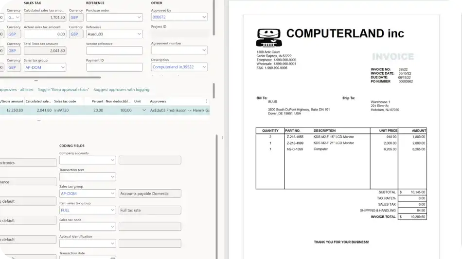 Screenshot of ExFlow AP Automation, showcasing the invoice matching and automation feature.