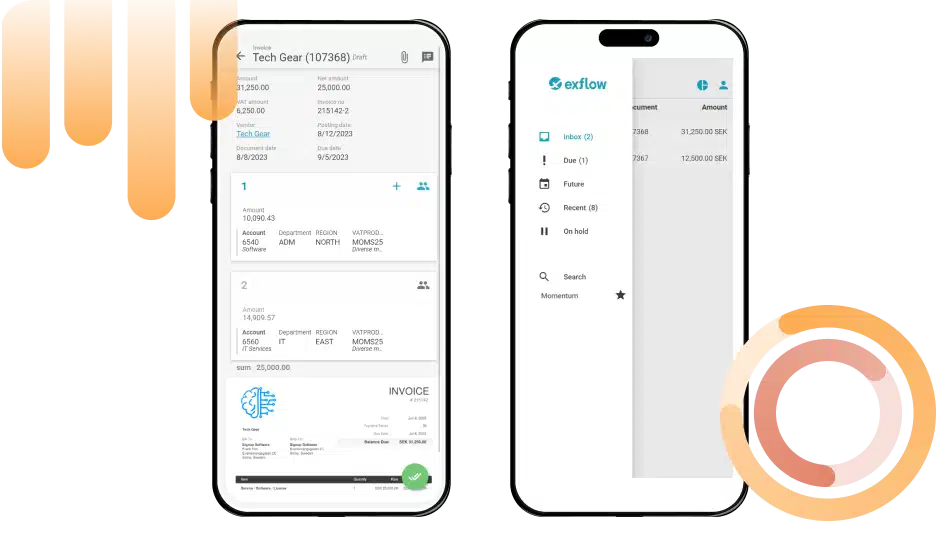 Two smartphones displaying the ExFlow mobile interface for invoice approval.