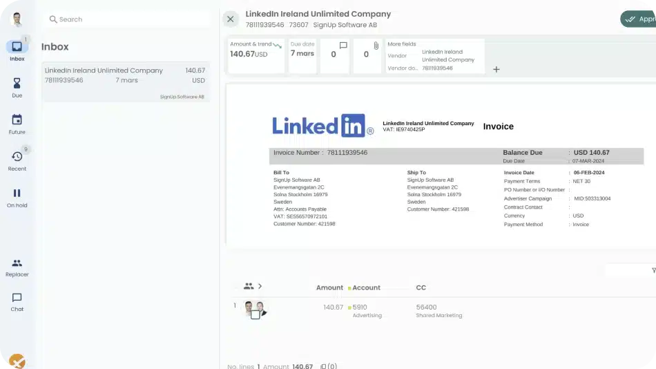 A digital invoice approval interface displaying an invoice. The interface shows financial data, account coding, and approval options, indicating an automated invoicing or expense management system.