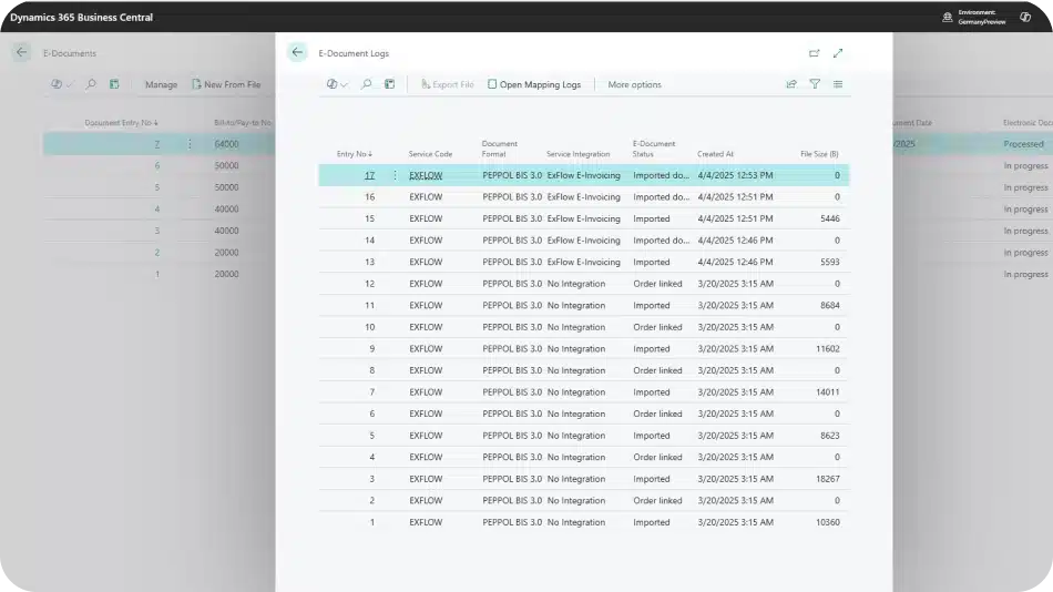 Screenshot of ExFlow E-invoicing for Business Central.