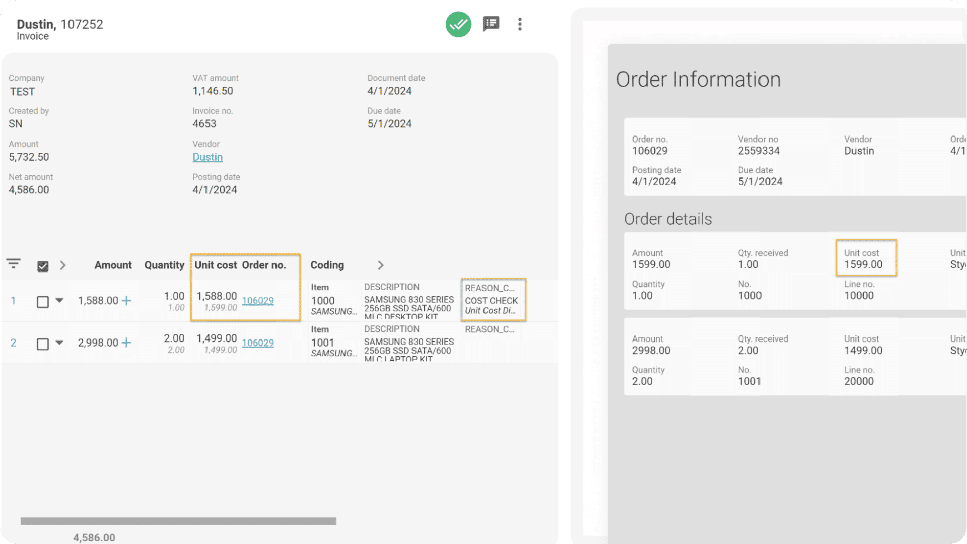 The ExFlow web dashboard shows a slight cost discrepancy and a documented reason, making it easy for the AP team to justify and approve.
