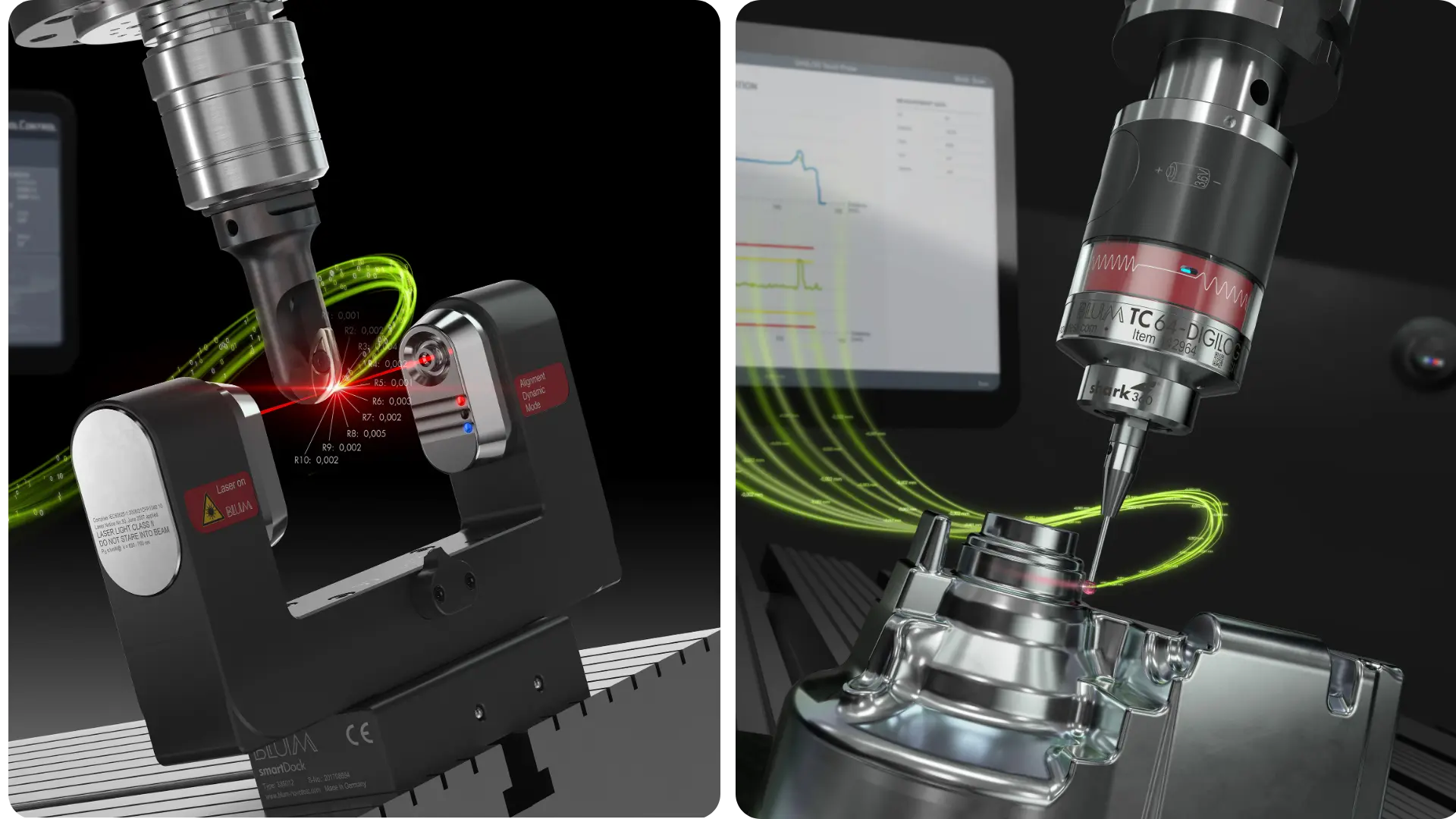 High-precision CNC tool measurement and calibration systems by Blum-Novotest, featuring laser-based tool monitoring and probe inspection with real-time data visualization on a digital interface.