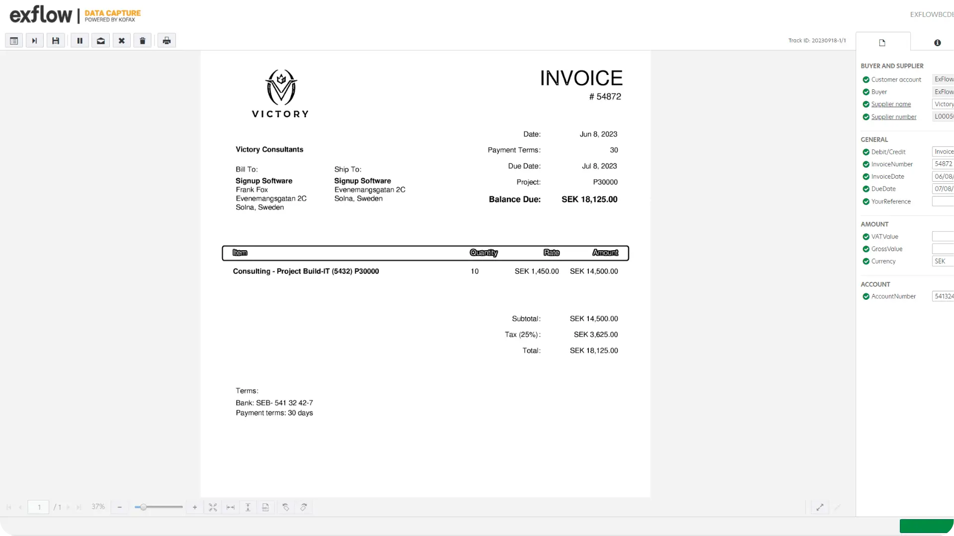ExFlow Data Capture extracting and mapping the data from a supplier invoice within Microsoft Dynamics 365.