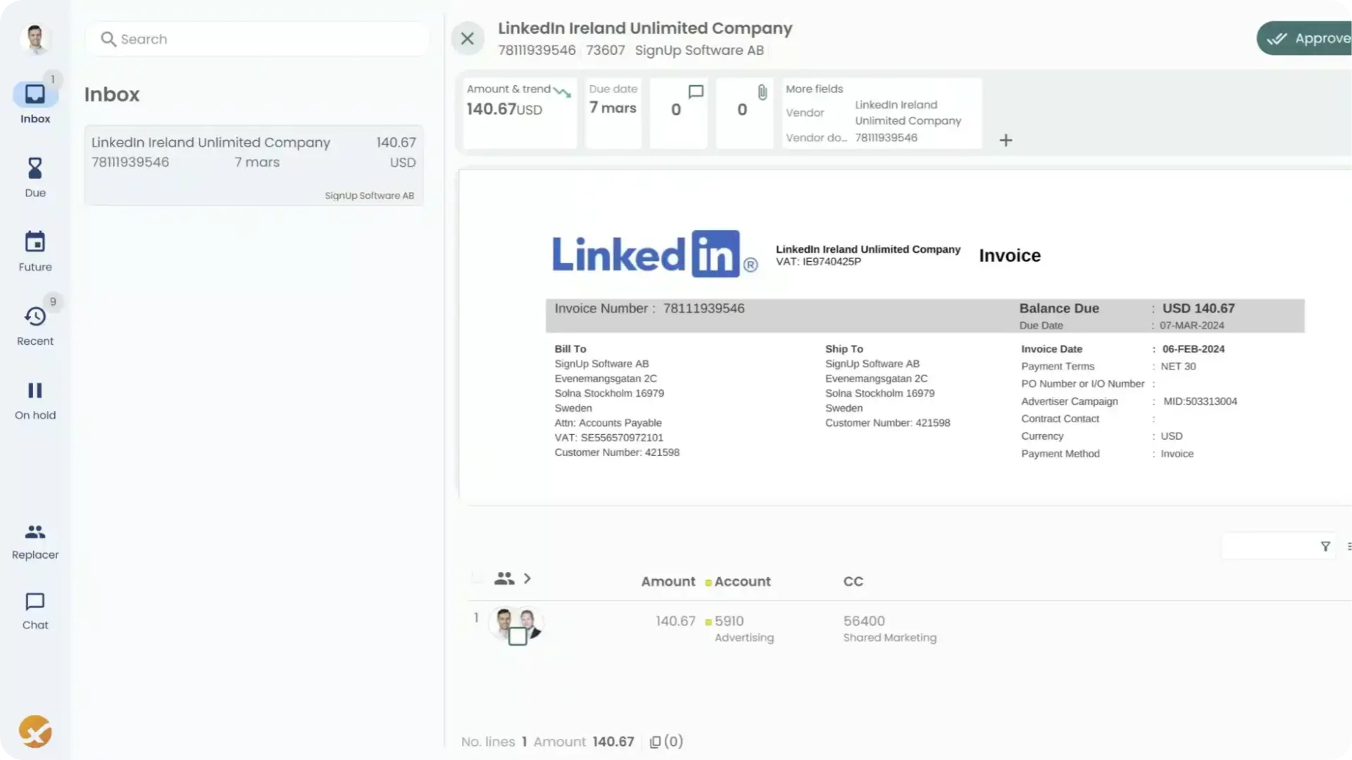 View of the inbox within ExFlow AP showing an invoice that requires approval from a specified stakeholder.